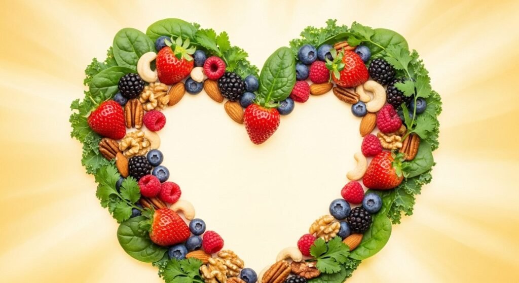 Coração formado por frutas vermelhas, nozes e folhas verdes sobre fundo amarelo.