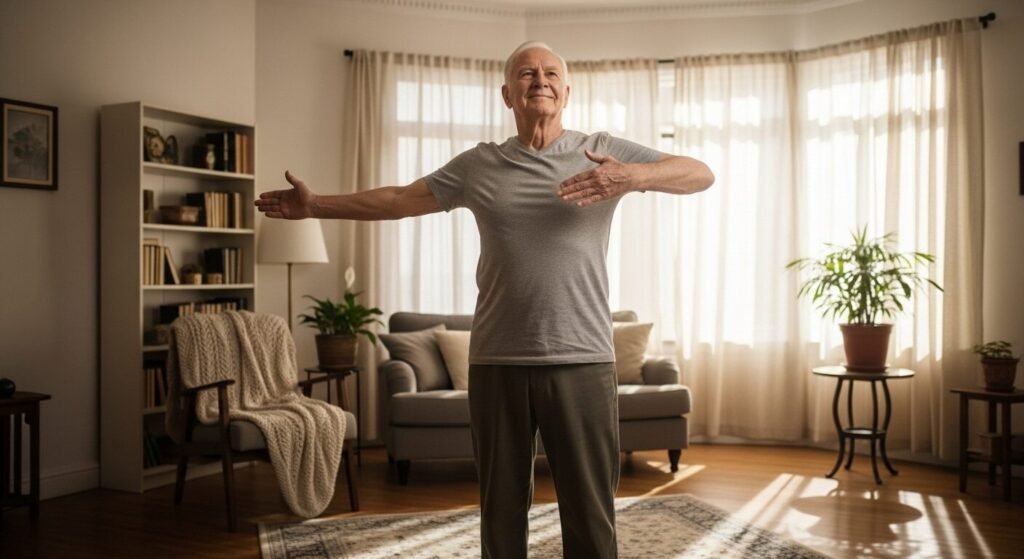 Exercício de sentar e levantar ajudando na mobilidade de idosos.