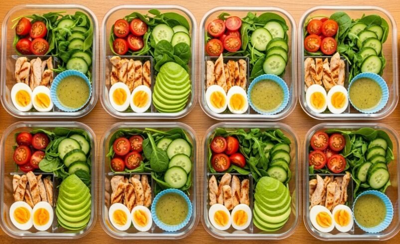 Marmitas organizadas com vegetais, frango grelhado, ovos e molho verde.