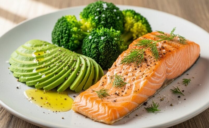 Filé de salmão grelhado servido com fatias de abacate e brócolis em um prato branco.