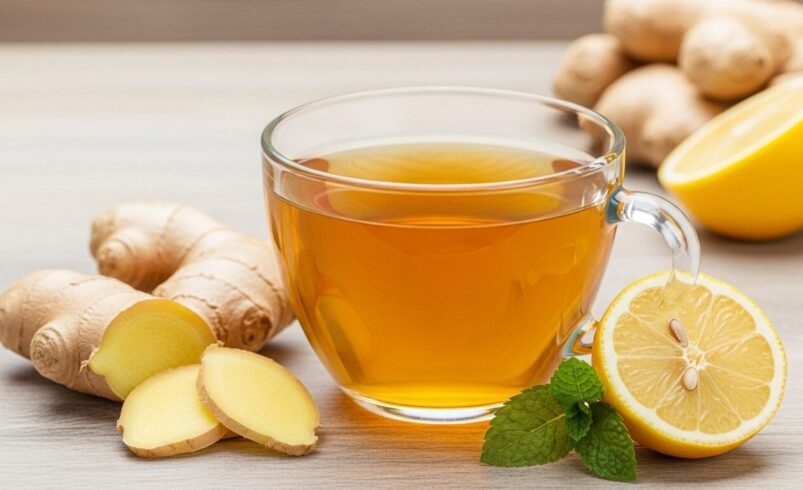 Xícara de chá de gengibre com limão fresco e folhas de hortelã.