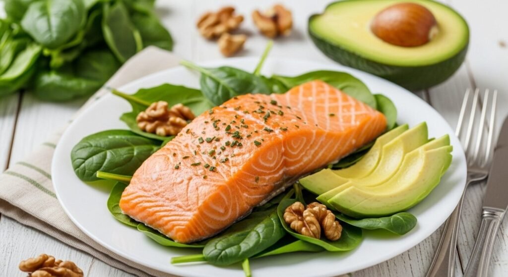 Prato de salmão grelhado servido sobre espinafre com abacate e nozes.