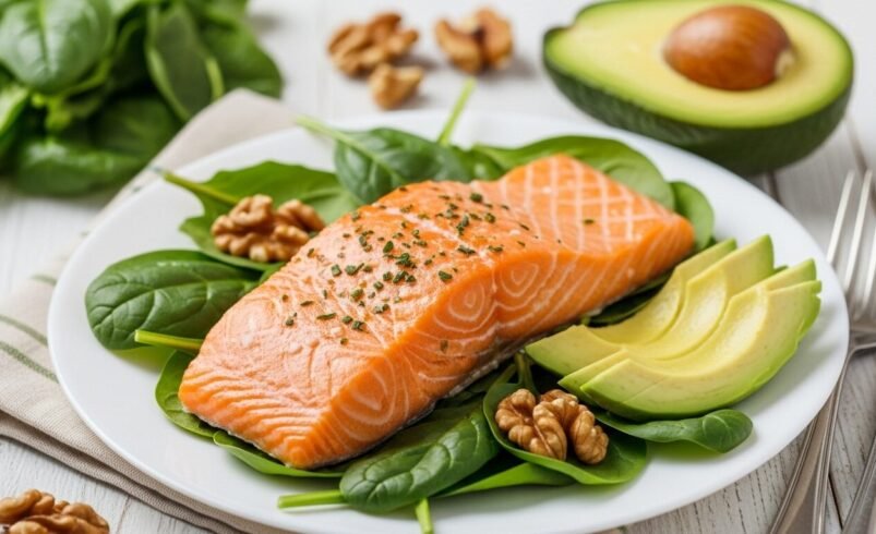Prato de salmão grelhado servido sobre espinafre com abacate e nozes.