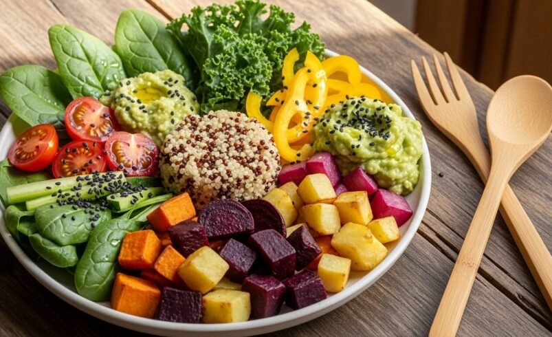 Prato colorido com quinoa, vegetais frescos e talheres de bambu.