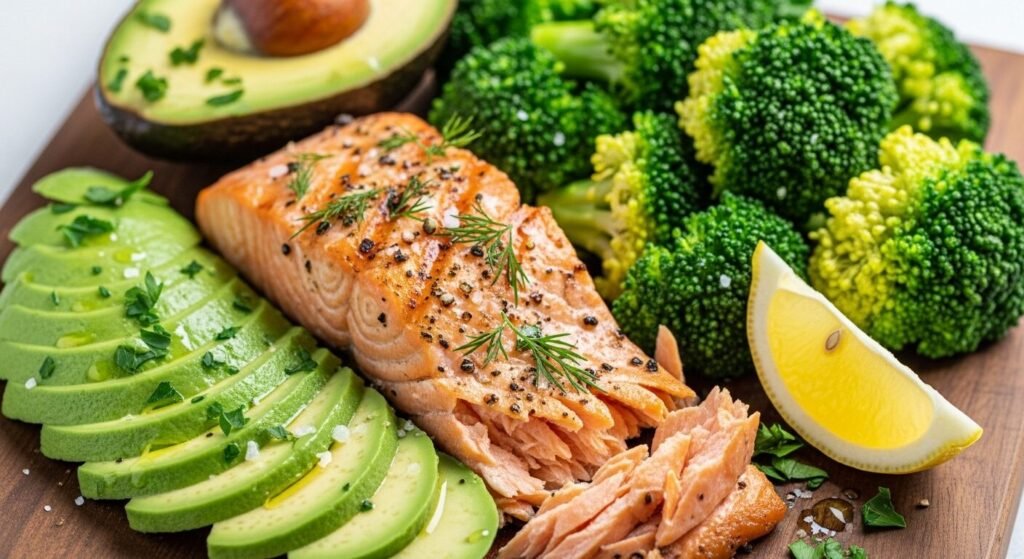 Salmão grelhado, abacate fatiado, brócolis cozido e limão em uma tábua de madeira.