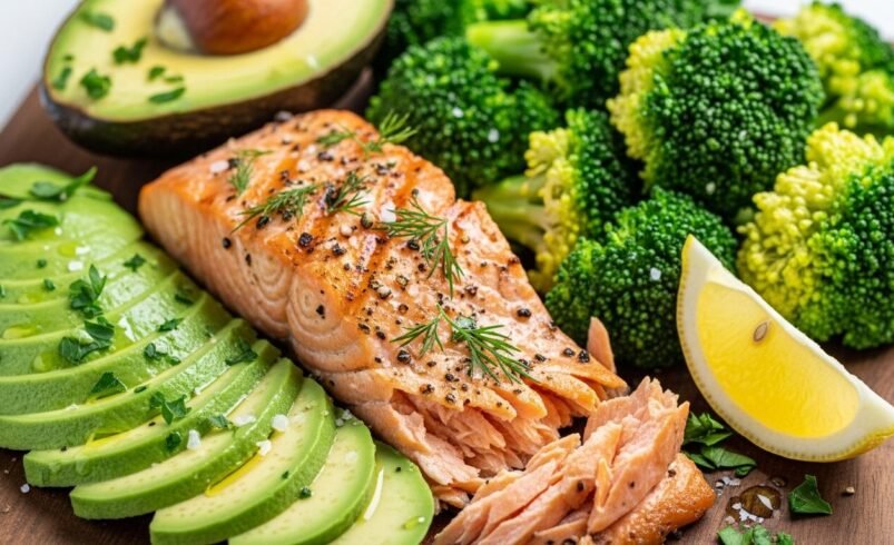 Salmão grelhado, abacate fatiado, brócolis cozido e limão em uma tábua de madeira.