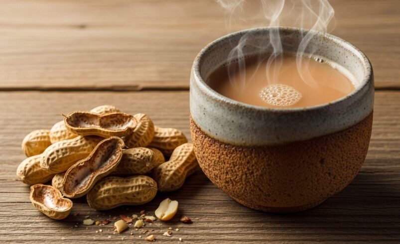 Tigela rústica com chá fumegante ao lado de cascas e amendoins.