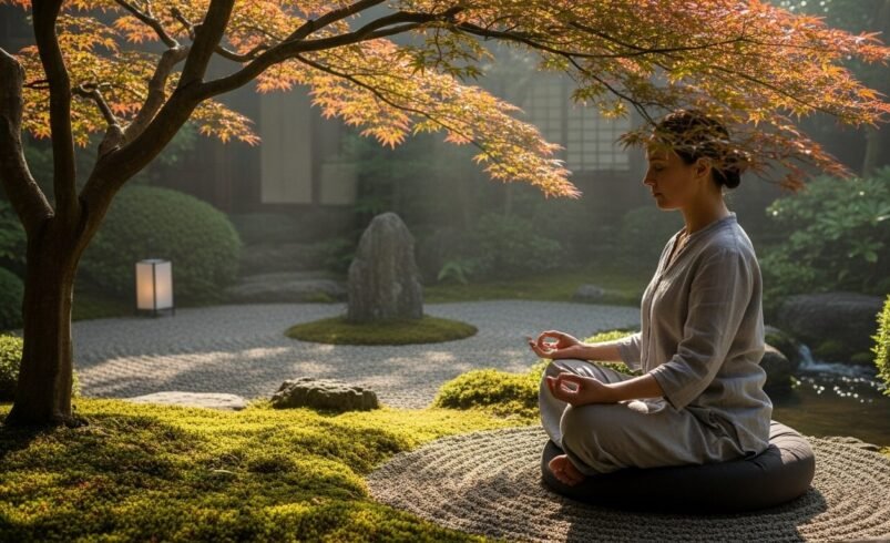 Pessoa meditando em jardim japonês com árvore e lanterna.