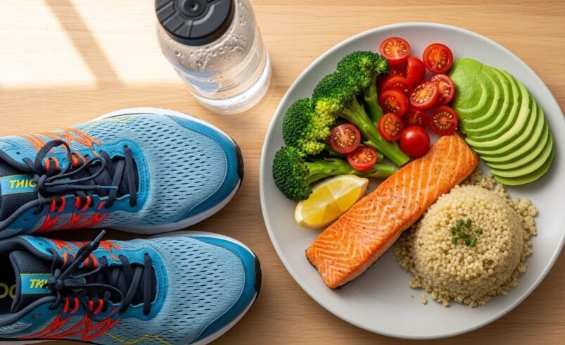 Tênis de corrida, prato com salmão, vegetais e quinua, e garrafa de água.