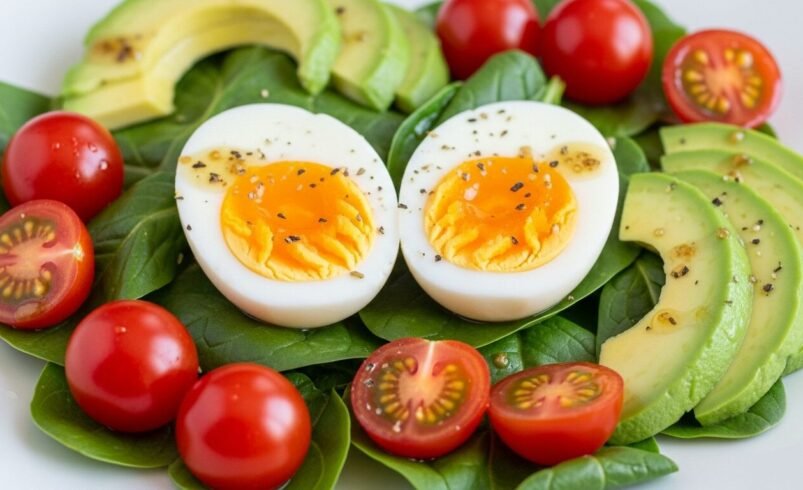 Prato de salada com espinafre, ovos cozidos, tomate e fatias de abacate.