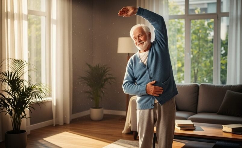 Pessoa realizando alongamento em casa, em uma sala iluminada.