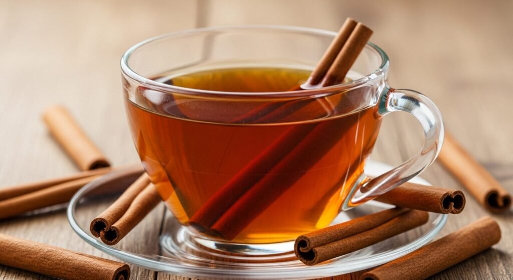 Xícara de vidro com chá de canela e paus de canela ao redor.