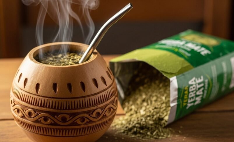 Cuia artesanal com chimarrão e erva-mate ao lado de um pacote aberto.