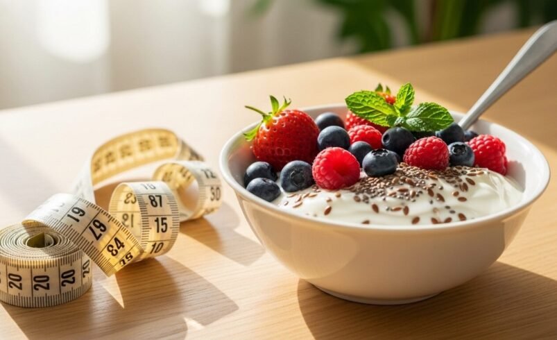 Iogurte com frutas vermelhas, sementes e fita métrica ao fundo.