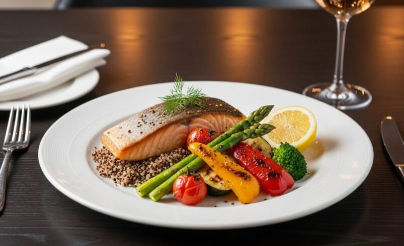 Salmão grelhado servido com quinoa, aspargos, tomates e fatia de limão.