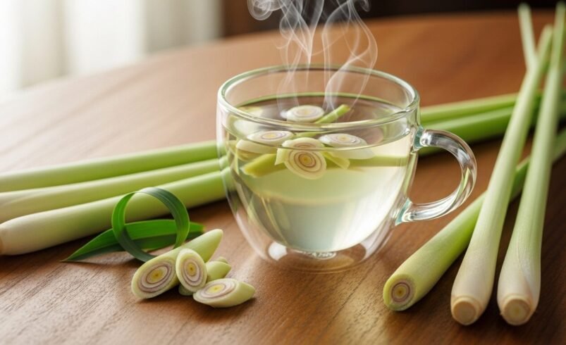 Chá de capim-limão em xícara transparente com pedaços da planta ao redor.