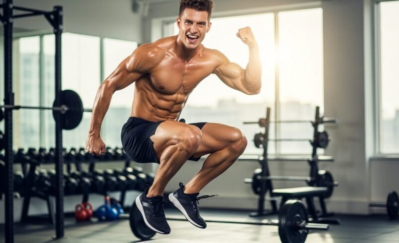 Homem musculoso realizando exercício físico com salto em academia.