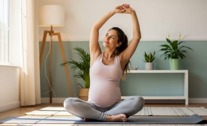 Mulher grávida sentada em posição de ioga em ambiente iluminado e decorado.