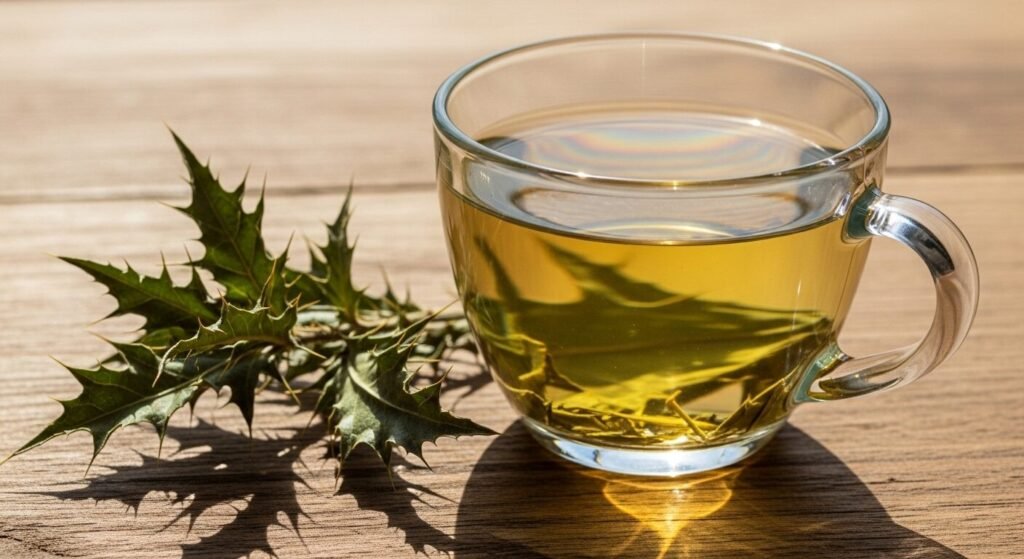 Xícara de vidro com chá herbal ao lado de folhas verdes sobre mesa de madeira.