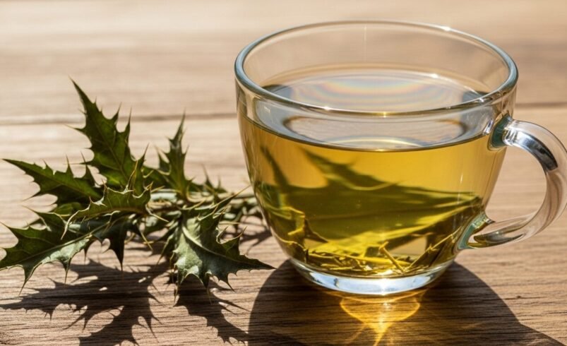 Xícara de vidro com chá herbal ao lado de folhas verdes sobre mesa de madeira.