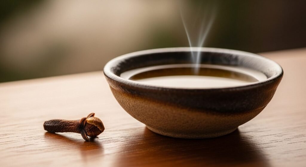 Tigela de cerâmica com chá quente soltando vapor e cravo ao lado.