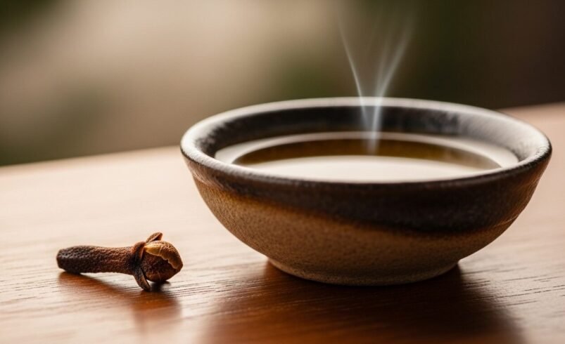 Tigela de cerâmica com chá quente soltando vapor e cravo ao lado.