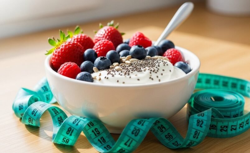 Tigela de iogurte com morangos, mirtilos, framboesas, chia e fita métrica ao lado.
