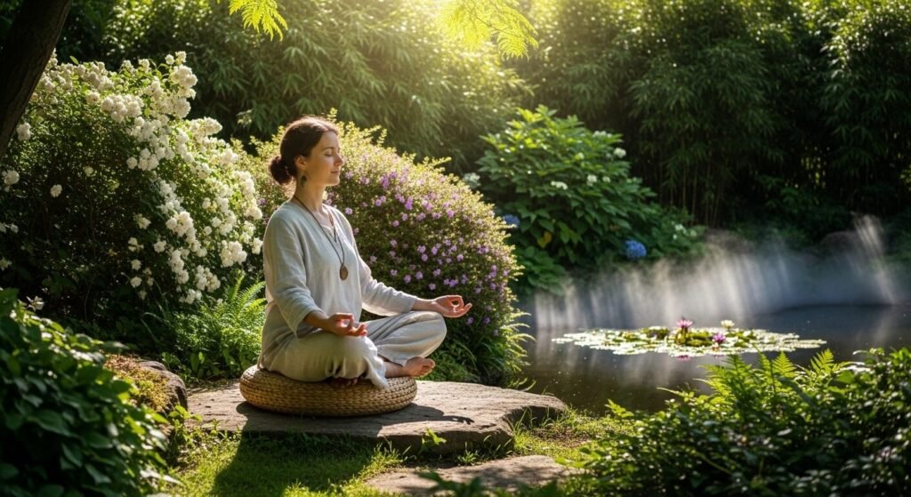 Pessoa meditando em jardim com plantas e lago ao fundo.