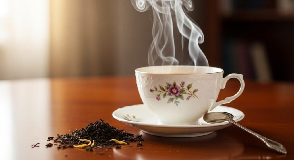 Xícara de porcelana com decoração floral, contendo chá quente com vapor e colher prateada ao lado.