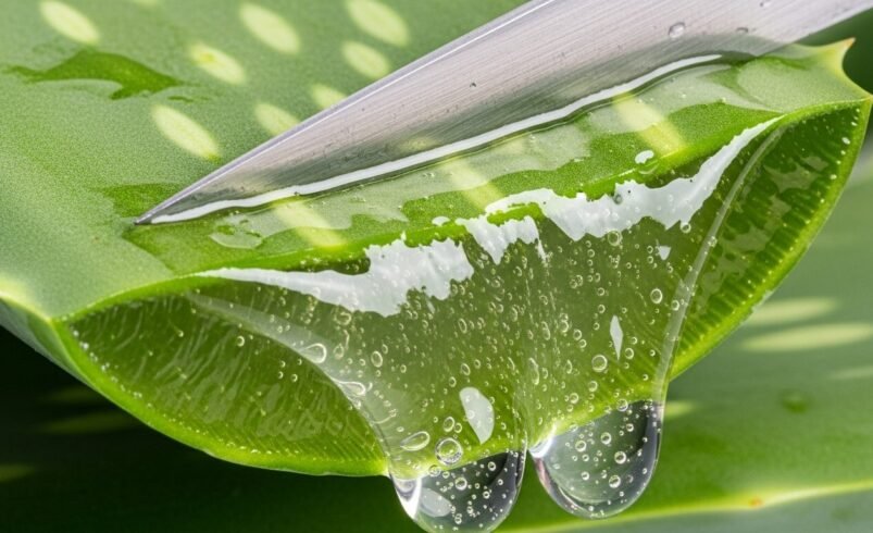 Close-up de uma folha de babosa cortada com faca, liberando gel.