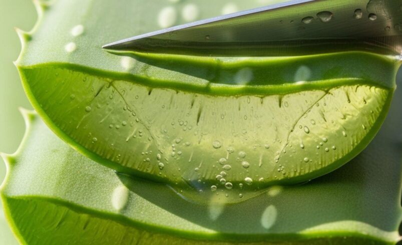 Detalhe de uma folha de aloe vera cortada deixando o gel interno exposto.
