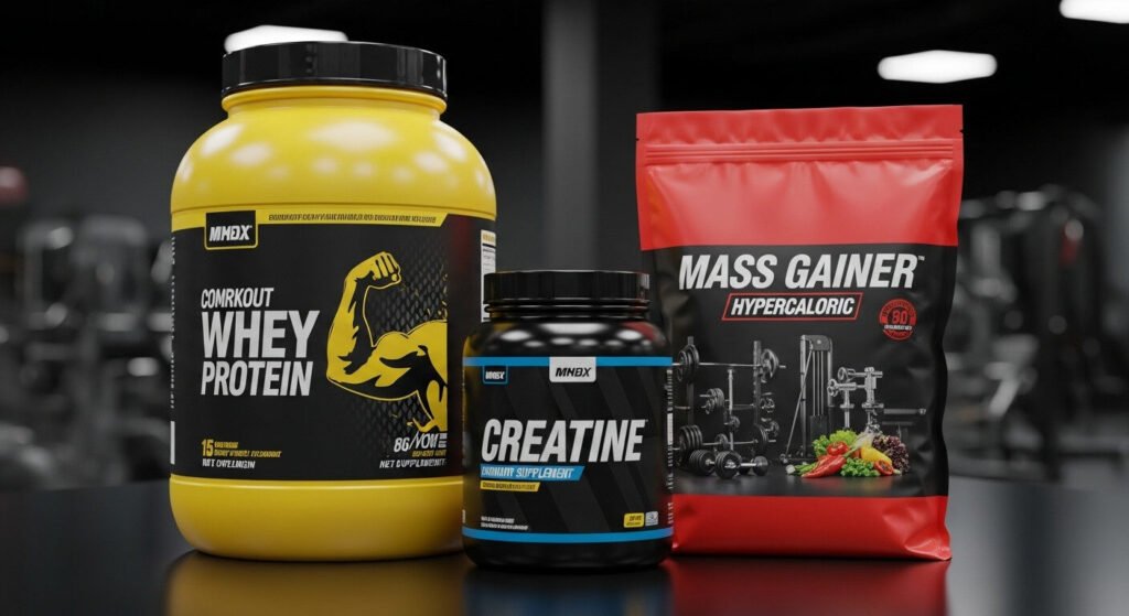 Suplementos populares para ganho de massa: whey protein, creatina e mass gainer.
