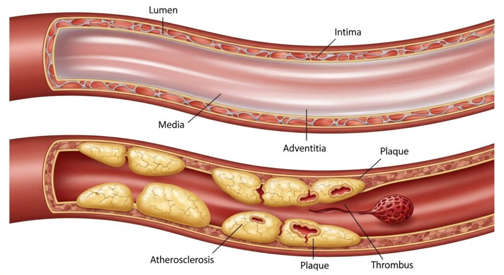 Diferença visual entre artéria saudável e outra com placas de colesterol.