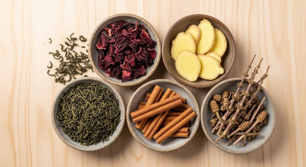 Hibisco, chá verde, gengibre e canela, exemplos de chás que auxiliam no emagrecimento.