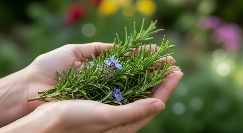 chá de alecrim: Lúcia Bernardes segurando ramos de alecrim fresco mostrando suas propriedades medicinais.