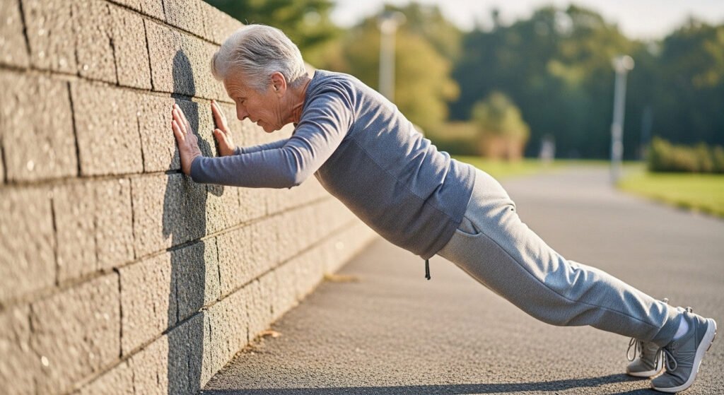 Idoso praticando flexão na parede para fortalecer os braços sem riscos.