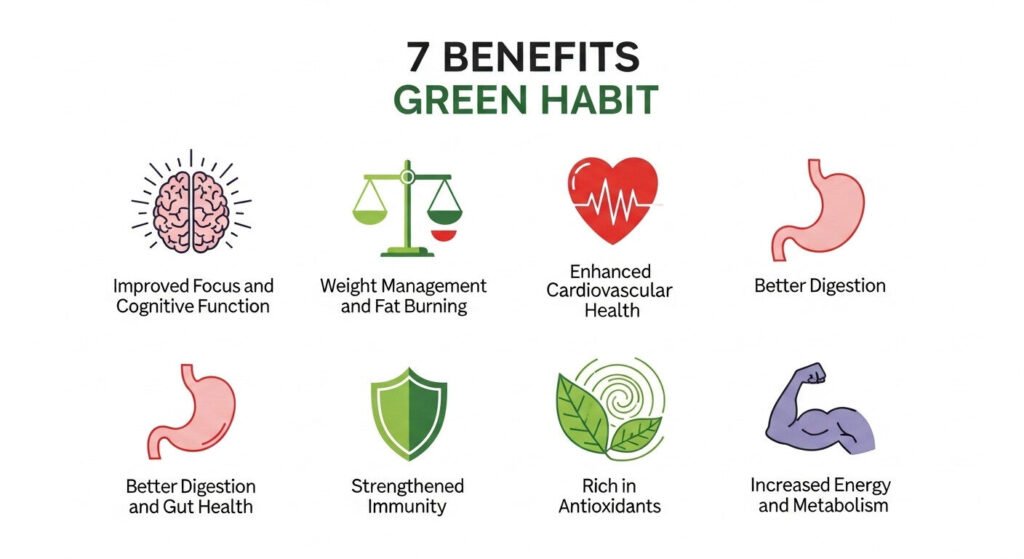 Gráfico destacando os benefícios do chá de mate, como energia e saúde do coração.