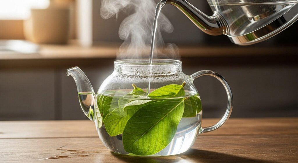 Chá de folha de goiaba sendo preparado em uma panela, pronto para oferecer seus benefícios naturais.