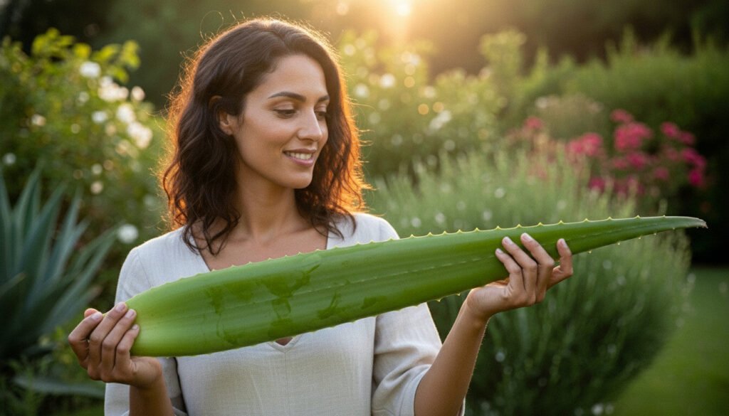 Lúcia Bernardes segurando uma folha de babosa e explicando seus usos