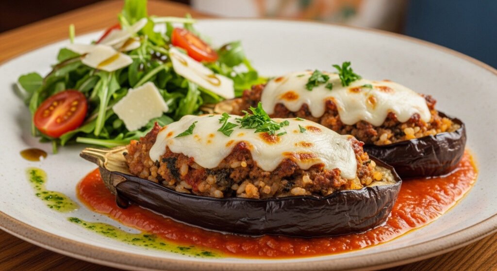 Prato saudável da dieta para emagrecer: berinjela recheada com salada.