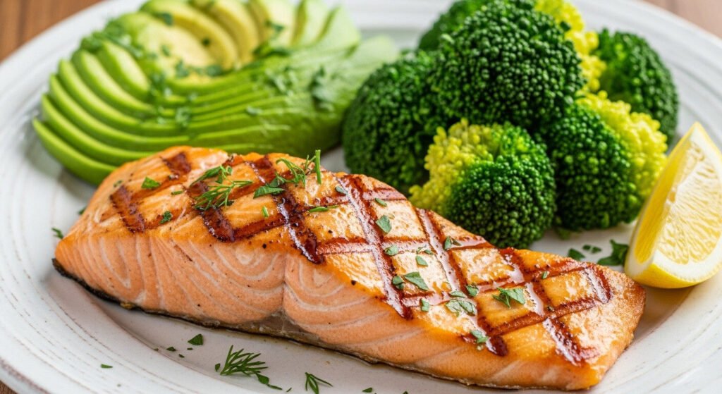 Prato da dieta cetogênica com alimentos ricos em proteínas e gorduras boas.