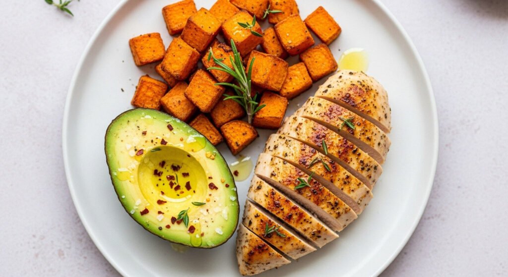 Dieta hiperproteica: prato com alimentos ricos em proteínas para ganho de massa.