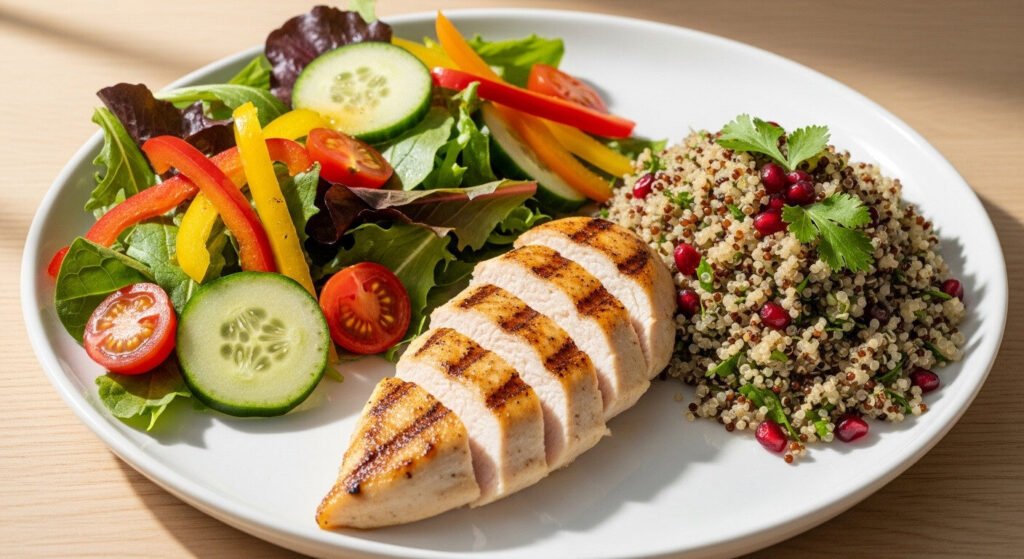 Prato equilibrado representando déficit calórico para emagrecer rápido