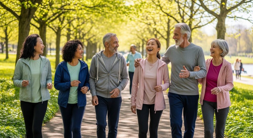 Grupo de idosos fazendo caminhada, destacando longevidade e bem-estar.