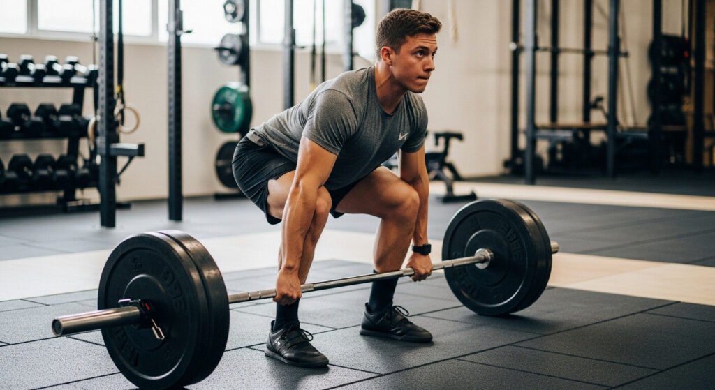 Ectomorfo realizando exercícios compostos como parte de sua rotina de treino.