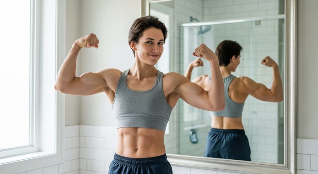 Ectomorfo feliz mostrando resultados positivos na sua jornada de ganho de peso.