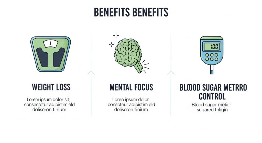 Infográfico mostrando os benefícios da dieta cetogênica: emagrecimento, foco mental e controle da glicemia.