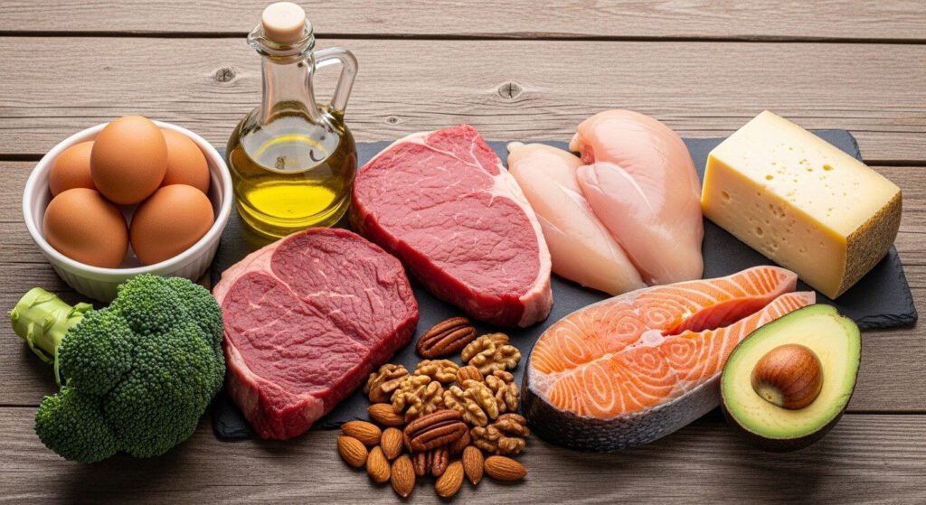 Lista de alimentos permitidos na dieta cetogênica, incluindo ovos, abacate, salmão e nozes.