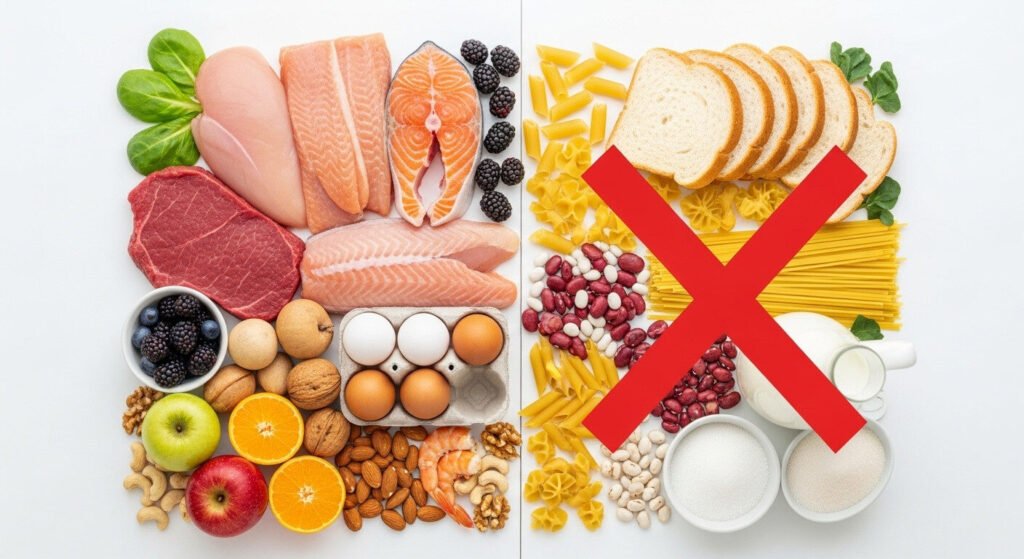 Lista demonstrativa de alimentos para a Dieta Paleolítica, destacando os permitidos e proibidos.