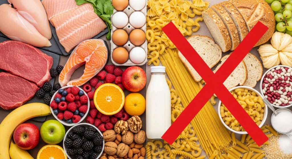 Lista de alimentos permitidos e não recomendados na dieta paleolítica.